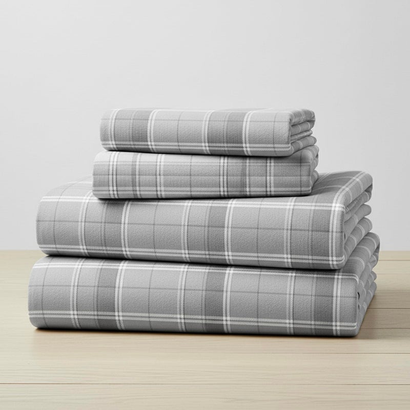 Mellanni Flannel Bed Sheet Set - 4 Piece Luxury 100% Heavyweight 180GSM Cotton - Cozy, Soft & Breathable - Deep Pockets with All-Around Elastic - Warm & Comfortable (California King, Light Gray Plaid) - Image 1